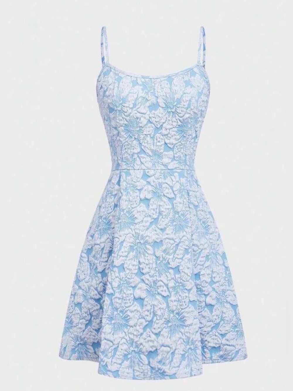 Floreya French Style Cinch Waist Light Blue Textured Floral Mini Dress SZ. M
